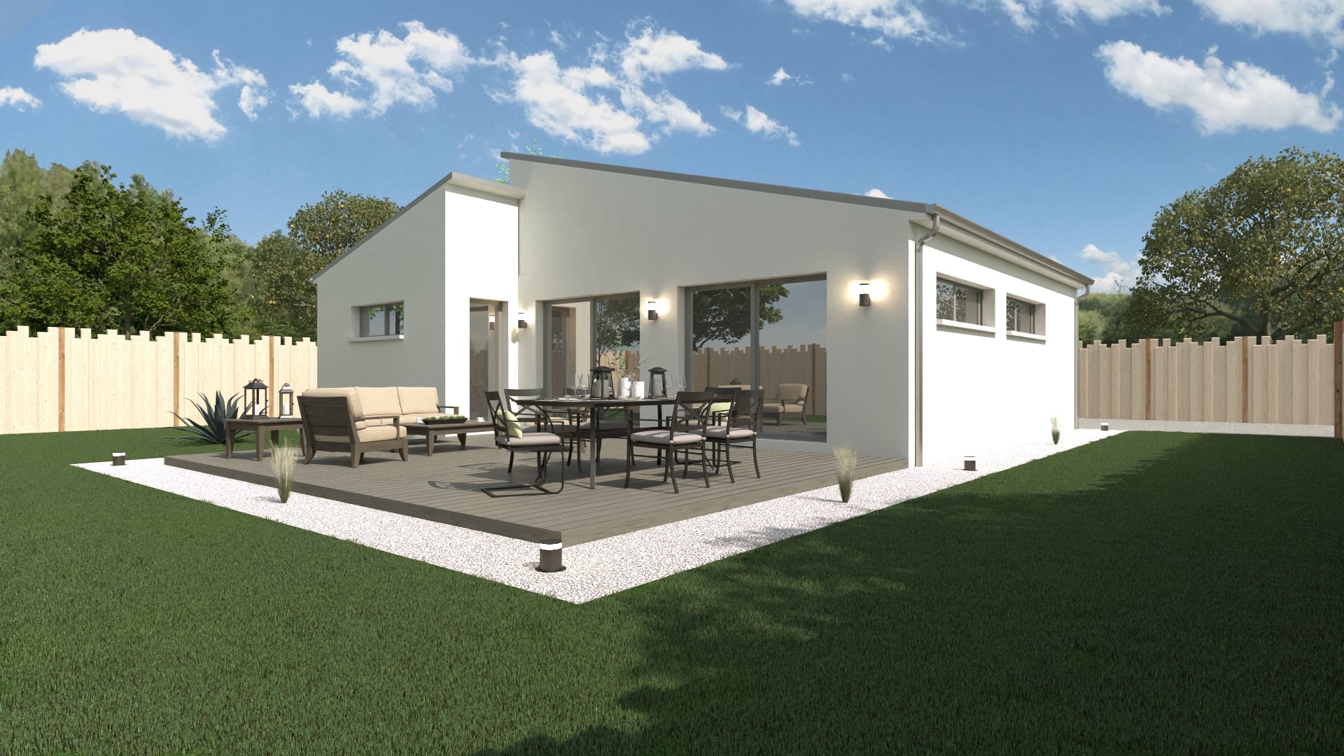 Rendu d’architecte de la maison reconstruite : terrasse en bois, baies coulissantes, enduit blanc, toiture à faible pente.